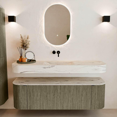 MONDIAZ THOR-DLUX 150cm meuble de salle de bains arrondi gauche + droite couleur Shadow avec 1 tiroir et 2 portes. Vasque suspendue CLOUD Milieu sans trou de robinet couleur Nata. SW1464829