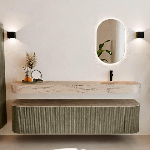 MONDIAZ THOR-DLUX Meuble de salle de bains 190cm arrondi gauche + droite couleur Shadow avec 2 tiroirs et 2 portes. Vasque suspendue CLOUD Droite 1 trou de robinet couleur Arena. SW1466608