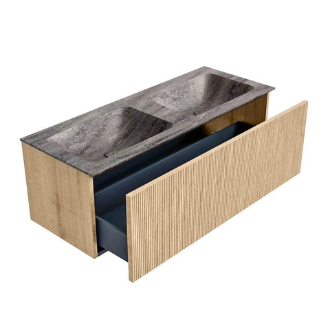 MONDIAZ KURVE-DLUX Meuble de salle de bains 120 cm couleur chêne avec 1 tiroir et 0 porte. Vasque LEAF Double 2 trous de robinet Oza. SW1432668