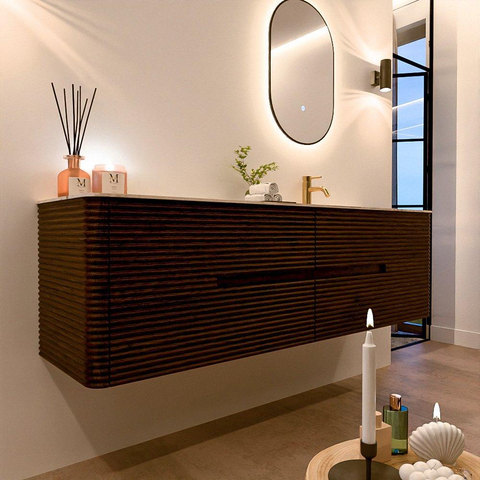 Mondiaz CIRO-DLUX Badkamermeubelset - 170x45x50cm - Solid surface wastafel Nata - 1 wasbak Rechts - 1 kraangat - 4 lades - Walnut SW1530578