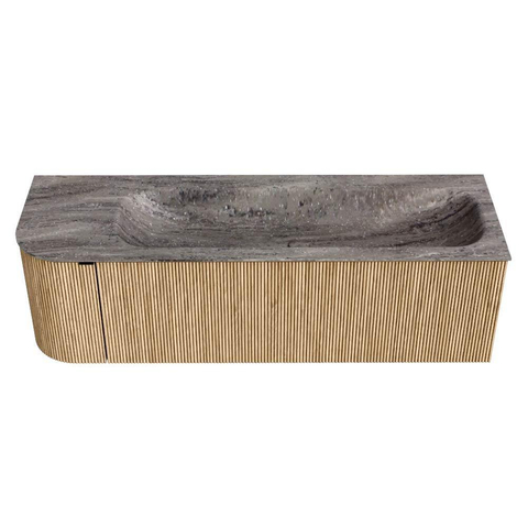 MONDIAZ KURVE-DLUX 145cm badmeubel ronding Links kleur Oak met 1 lade en 1 deur. Wastafel BIG LARGE Rechts zonder kraangat Oza. SW1432657