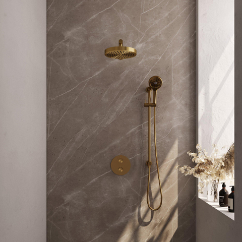 BRAUER Stripe Thermostatische Inbouw Regendouche - 3-weg - rond - SET 46 - 25cm douchekop - rechte muurarm - 3-standen handdouche - doucheslang - geïntegreerde glijstang - goud geborsteld PVD SW1434864