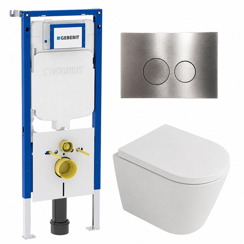 QeramiQ Dely Toiletset - 36.3x51.7cm - diepspoel - rimless - Geberit UP720 inbouwreservoir - softclose toilet zitting - 35mm - steel bedieningsplaat - ronde knoppen - mat wit SW1427999