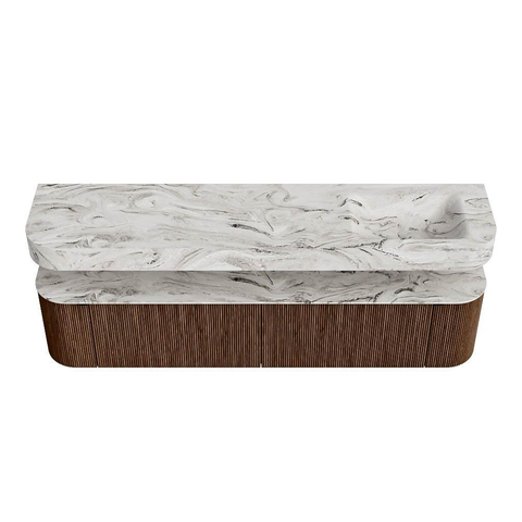 MONDIAZ THOR-DLUX 200cm badmeubel ronding links + rechts kleur Walnut met 2 lades en 2 deuren. Vrijhangende wastafel CLOUD Rechts 1 kraangat kleur Glace. SW1467000