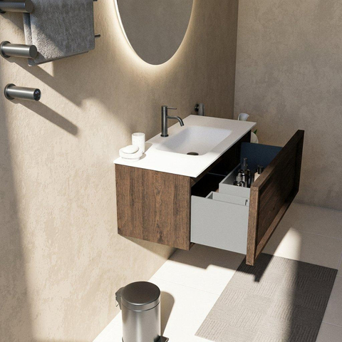 Saniclass Holz Frame Badkamermeubelset - 100x45x41.5cm - Flow solid surface wastafel wit - 1 wasbak - 1 kraangat - 1 lade - mat eiken charcoal (hout) SW1478402