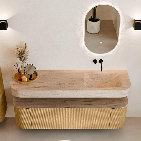 MONDIAZ THOR-DLUX 160cm meuble de salle de bains arrondi gauche + droite couleur Oak avec 1 tiroir et 2 portes. Vasque suspendue CLOUD droite sans trou de robinet couleur Saba. SW1465340