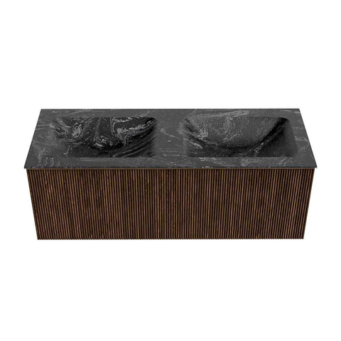 MONDIAZ KURVE-DLUX Meuble de salle de bains 120 cm couleur Walnut avec 1 tiroir. Lavabo LEAF double sans trou de robinet couleur Lava. SW1137261