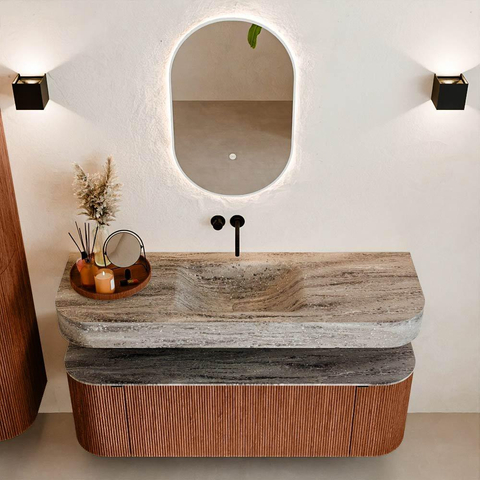 MONDIAZ THOR-DLUX 140cm meuble de salle de bains arrondi gauche + droite couleur Ruby avec 1 tiroir et 2 portes. Vasque suspendue CLOUD Milieu sans trou de robinet couleur Oza. SW1464284