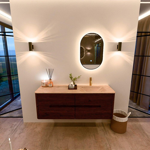 Mondiaz CIRO-DLUX Meuble de salle de bains - 140x45x50cm - Plan vasque solid surface Arena - 1 lavabo à droite - 1 trou de robinetterie - 4 tiroirs - Ruby SW1531711