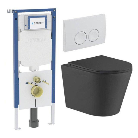 QeramiQ Dely Pack WC - 36.3x51.7cm - à fond creux - sans bride - réservoir encastré Geberit UP720 - abattant WC softclose 35 mm - plaque de déclenchement beige - boutons ronds - noir mat SW1428231