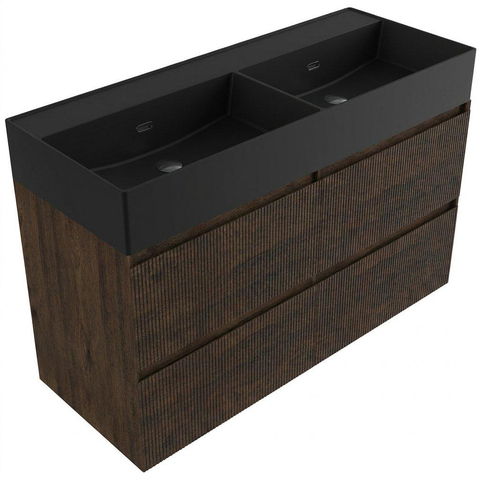 Saniclass Holz Atelier Badkamermeubelset - 120x45x72cm - Legend keramische wastafel mat zwart - 2 wasbakken - zonder kraangaten - 2 lades - mat eiken charcoal (hout) SW1579631
