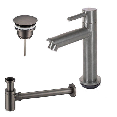 Fortifura Calvi Fonteinkraanset - staande fonteinkraan - laag - always open plug - design - sifon - PVD - geborsteld gunmetal (antraciet) SW798642