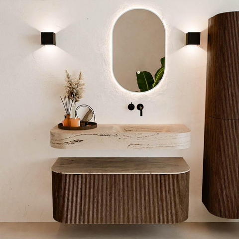 MONDIAZ THOR-DLUX 110cm badmeubel ronding links + rechts kleur Walnut met 1 lade en 2 deuren. Vrijhangende wastafel CLOUD Rechts zonder kraangat kleur Arena. SW1462709