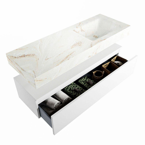 Mondiaz ALAN-DLUX Ensemble de meuble - 130cm - meuble Talc mat - 1 tiroir - Lavabo Cloud Frappe suspendu - vasque Droite - 0 trous de robinet SW804669