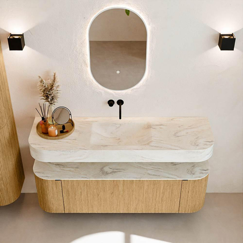 MONDIAZ THOR-DLUX 150cm meuble de salle de bains arrondi gauche + droite couleur Oak avec 1 tiroir et 2 portes. Vasque suspendue CLOUD Milieu sans trou de robinet couleur Ostra. SW1464612