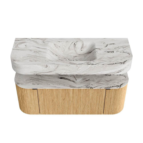 MONDIAZ THOR-DLUX 120cm meuble de salle de bains arrondi gauche + droite couleur Oak avec 1 tiroir et 2 portes. Vasque suspendue CLOUD Centre sans trou de robinet couleur Glace. SW1463044