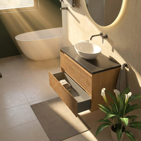 Saniclass Holz Atelier Ensemble meuble de salle de bains - 100x45x63cm - plan vasque en basalte Noche poli (noir) - sans trou de robinet - 2 tiroirs - chêne natural mat (bois) SW1478548