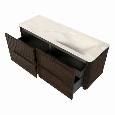 Mondiaz CIRO-DLUX Badkamermeubelset - 130x45x50cm - Solid surface wastafel Ostra - 1 wasbak Rechts - zonder kraangaten - 4 lades - Walnut SW1530408