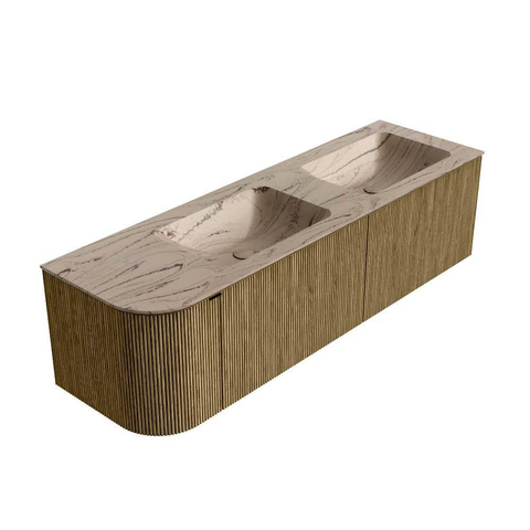 MONDIAZ KURVE-DLUX Meuble de salle de bains 155cm arrondi à gauche couleur Dusk avec 2 tiroirs et 1 porte. Lavabo LEAF Double / Droite 2 trous de robinet Arena. SW1431423