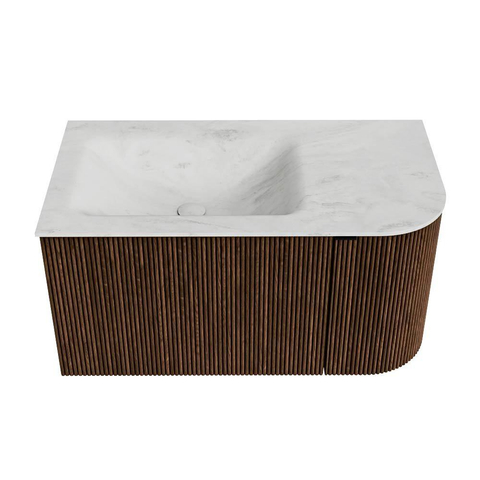MONDIAZ KURVE-DLUX Meuble de salle de bains 85 cm avec module 25 R couleur Walnut avec 1 tiroir et 1 porte. Lavabo CLOUD gauche sans trou de robinet couleur Opalo. SW1137614