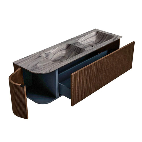 MONDIAZ KURVE-DLUX Meuble de salle de bains 145cm arrondi à gauche couleur Walnut avec 1 tiroir et 1 porte. Lavabo LEAF Double / Droite 2 trous de robinet Sombra. SW1433694