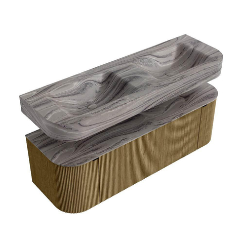 MONDIAZ THOR-DLUX 140cm meuble de salle de bains arrondi gauche + droite couleur Dusk avec 1 tiroir et 2 portes. Vasque suspendue CLOUD Double sans trou de robinet couleur Sombra. SW1464358