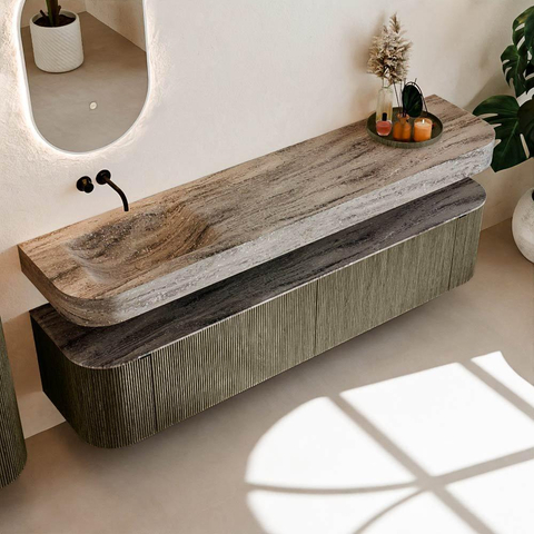 MONDIAZ THOR-DLUX 200cm meuble de salle de bains arrondi gauche + droite couleur Shadow avec 2 tiroirs et 2 portes. Vasque suspendue CLOUD Gauche sans trou de robinet couleur Oza. SW1467205