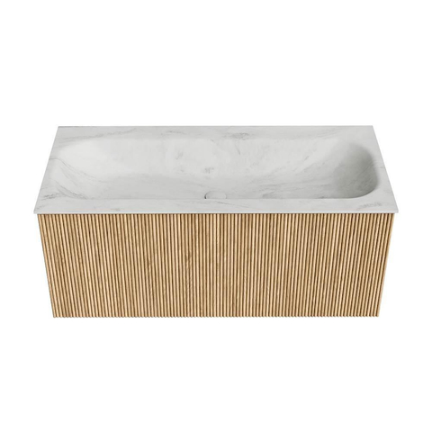 MONDIAZ KURVE-DLUX Meuble de salle de bains 100 cm couleur Oak avec 1 tiroir. Lavabo BIG MEDIUM centré sans trou de robinetterie couleur Opalo. SW1137540