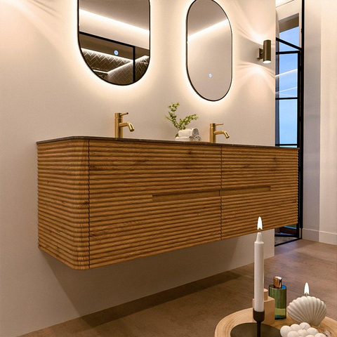 Mondiaz CIRO-DLUX Ensemble de meubles de salle de bains - 160x45x50cm - Plan vasque solid surface Oza - 2 lavabos double - 2 trous de robinetterie - 4 tiroirs - Chêne SW1531134