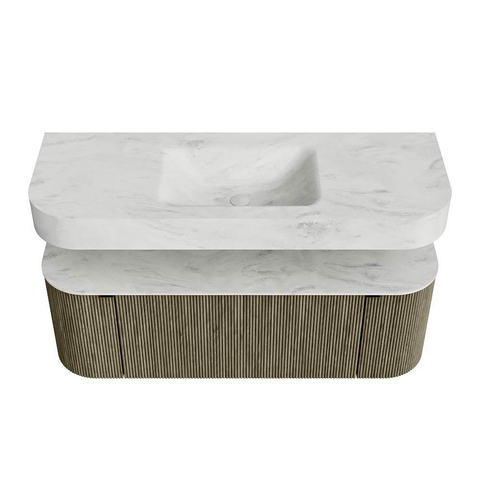 MONDIAZ THOR-DLUX 130cm meuble de salle de bains arrondi gauche + droite couleur Shadow avec 1 tiroir et 2 portes. Vasque suspendue CLOUD Milieu 1 trou de robinet couleur Opalo. SW1463752