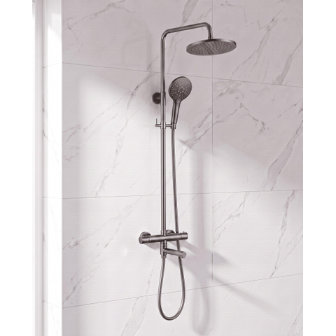 Fortifura Calvi Ensemble de douche pluie - thermostatique - douche de tête 25cm - flexible lisse - douchette ronde - bec de baignoire pivotant - Gunmetal brossé PVD SW1592509
