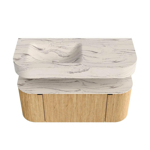 MONDIAZ THOR-DLUX 110cm badmeubel ronding links + rechts kleur Oak met 1 lade en 2 deuren. Vrijhangende wastafel CLOUD Links zonder kraangat kleur Nata. SW1462956