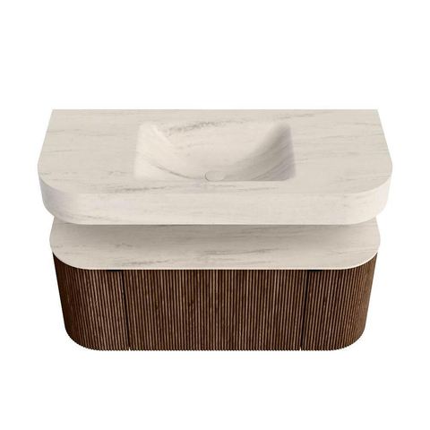 MONDIAZ THOR-DLUX 110cm badmeubel ronding links + rechts kleur Walnut met 1 lade en 2 deuren. Vrijhangende wastafel CLOUD Midden 1 kraangat kleur Meli. SW1462932