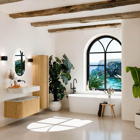 MONDIAZ THOR-DLUX 100cm meuble de salle de bains arrondi gauche + droite couleur Oak avec 1 tiroir et 2 portes. Vasque suspendue CLOUD droite sans trou de robinet couleur Frappe. SW1467295