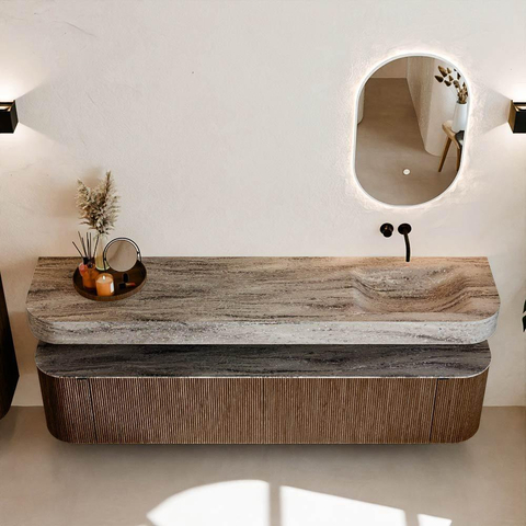 MONDIAZ THOR-DLUX 200cm meuble de salle de bains arrondi gauche + droite couleur Walnut avec 2 tiroirs et 2 portes. Vasque suspendue CLOUD Droite sans trou de robinet couleur Oza. SW1467718