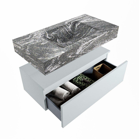 Mondiaz ALAN-DLUX Ensemble de meuble - 90cm - meuble Clay mat - 1 tiroir - Lavabo Cloud Lava suspendu - vasque Centre - 1 trou de robinet SW808574