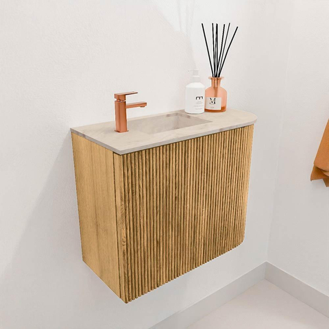 Mondiaz JOYA-DLUX Meuble de toilette 51,6cm - arrondi droit couleur Chêne - Vasque FAYE position Gauche 1 trou de robinet couleur Frappe SW1421911