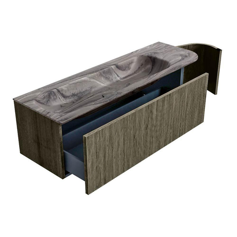 MONDIAZ KURVE-DLUX meuble de salle de bains 145cm arrondi à droite couleur Shadow avec 1 tiroir et 1 porte. Lavabo BIG LARGE à gauche 1 trou de robinet Sombra. SW1433782
