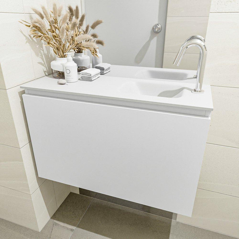 MONDIAZ OLAN Toiletmeubel 80x30x40cm met 1 kraangaten 1 lades talc mat Wastafel Lex rechts Solid Surface Wit SW473222