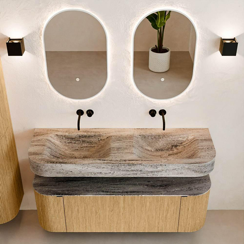 MONDIAZ THOR-DLUX 140cm badmeubel ronding links + rechts kleur Oak met 1 lade en 2 deuren. Vrijhangende wastafel CLOUD Dubbel zonder kraangat kleur Oza. SW1464254