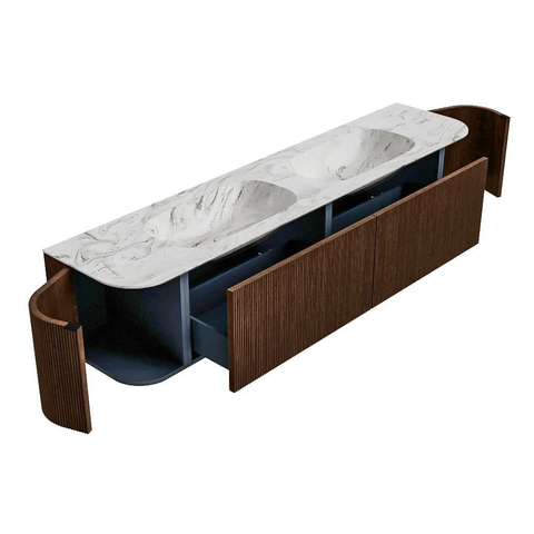 MONDIAZ KURVE-DLUX 200cm badmeubel met module 25 Len R kleur Walnut met 2 lades en 2 deuren. Wastafel STOR SMALL dubbel 2 kraangaten kleur Glace. SW1138096