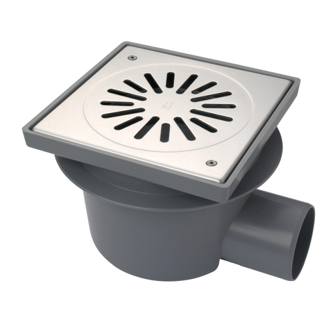 Aquaberg Siphon de sol ABS avec grille en inox vissée avec évacuation latérale Ø75mm non réglable 200x200mm avec seau PPC/clapet anti-odeurs garde d'eau 60mm SW55384
