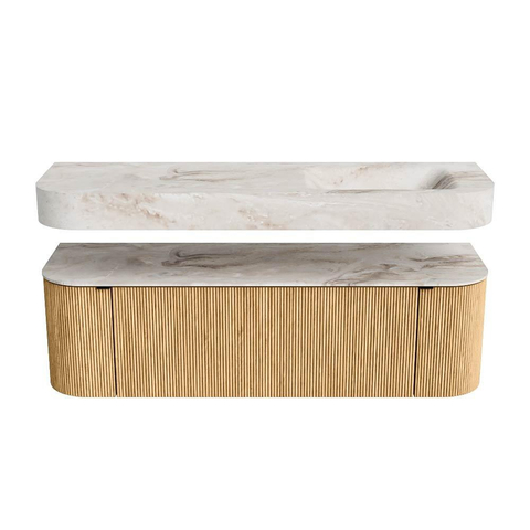MONDIAZ THOR-DLUX 150cm badmeubel ronding links + rechts kleur Oak met 1 lade en 2 deuren. Vrijhangende wastafel CLOUD Rechts zonder kraangat kleur Frappe. SW1464567