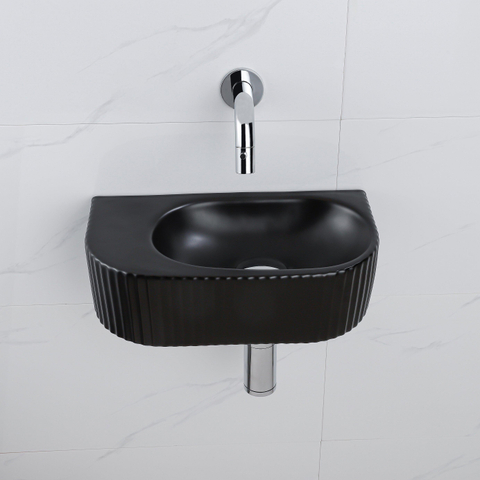 QeramiQ Fuente pack lave-mains – demi-rond – 40 x 21,5 x 12 cm – sans perçage – robinet chromé – cannelé SW1233080