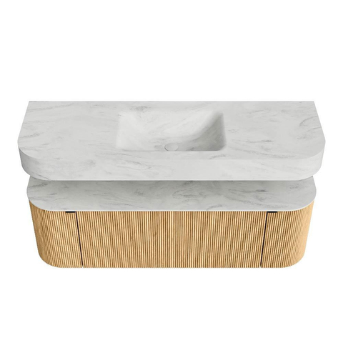 MONDIAZ THOR-DLUX Meuble de salle de bains 140cm arrondi gauche + droite couleur Oak avec 1 tiroir et 2 portes. Vasque suspendue CLOUD Milieu 1 trou de robinet couleur Opalo. SW1463959