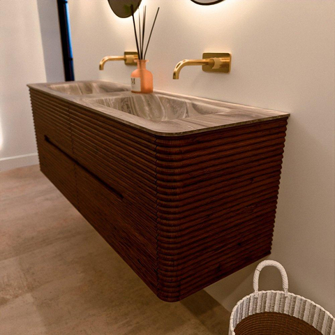 Mondiaz CIRO-DLUX Badkamermeubelset - 140x45x50cm - Solid surface wastafel Sombra - 2 wasbak Dubbel - zonder kraangaten - 4 lades - Ruby SW1531954