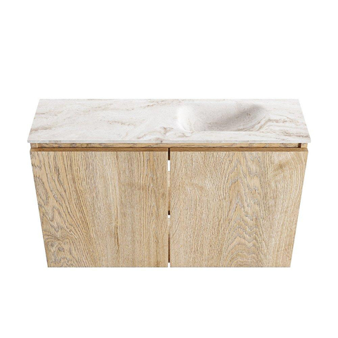 MONDIAZ TURE-DLUX Meuble de toilette 80cm Chêne lavé. Lavabo EDEN Frappe position droite. Sans trou de robinet. SW1103116