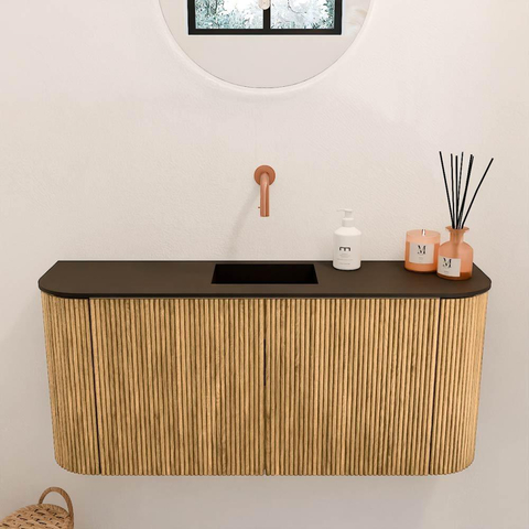 Mondiaz JOYA Meuble de salle de bains 93,2cm - arrondis gauche et droite couleur Oak - Vasque FAYE position Milieu Sans trou de robinet couleur Urban SW1421222