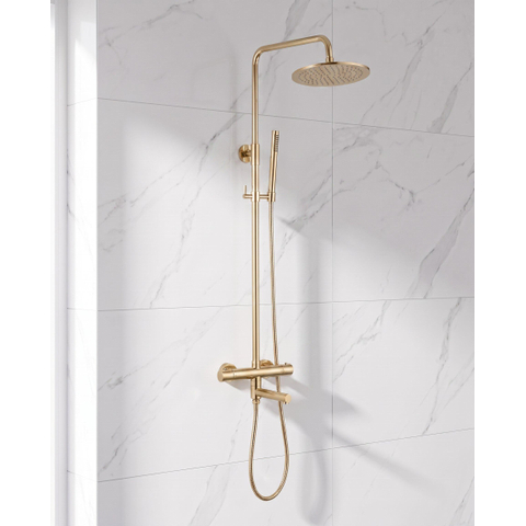 Fortifura Calvi Regendoucheset - thermostatisch - 25cm hoofddouche - metalen slang - staaf handdouche - draaibare baduitloop - Geborsteld Messing PVD (Goud) SW1592514
