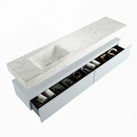 Mondiaz ALAN-DLUX Ensemble de meuble - 200cm - meuble Clay mat - 2 tiroirs - Lavabo Cloud Opalo suspendu - vasque Gauche - 0 trous de robinet SW806843